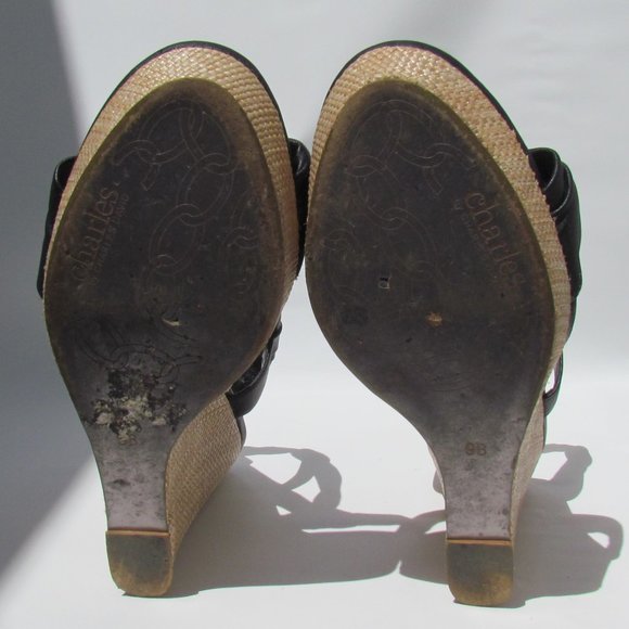 Charles David Knotty BLACK SANDALS Platform Rattan Wedge Heel Slingback 9 M - Picture 10 of 11